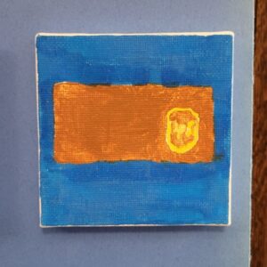 A small painting with a brown rectangle on a red background, featuring a yellow outline of an emblem on the right side.