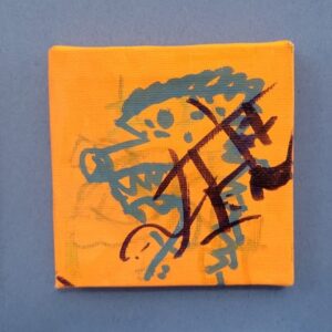 Canvas with abstract creature drawing in blue-green and black on an orange background.
