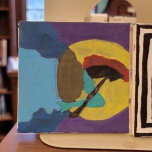 Abstract painting with overlapping blue, purple, brown, yellow, and red shapes.