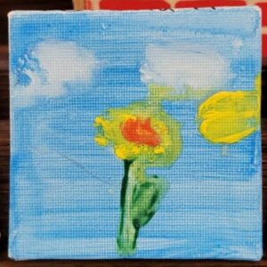 Small canvas painting of sunflowers under a blue sky with clouds.