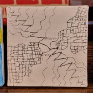 Square white canvas with black abstract wavy and grid patterns.