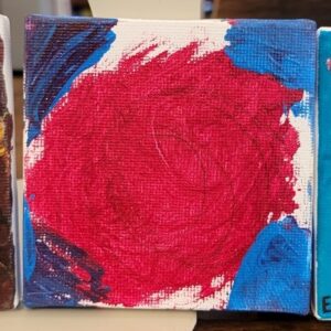 Abstract painting with red, blue, and white colors on a small square canvas.