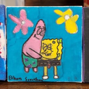 Hand-painted image of two cartoon characters hugging against a blue background with pink and yellow flowers.