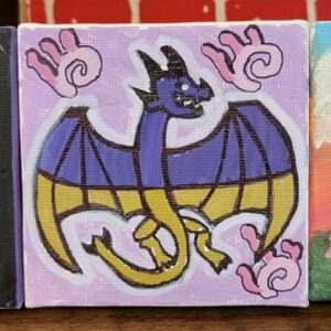 A stylized dragon with purple and yellow coloring on a light purple background with pink, swirling designs.