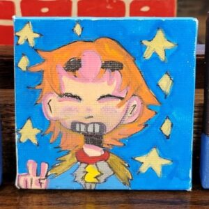 Cartoon character with orange hair and stars on a blue background, making a peace sign.