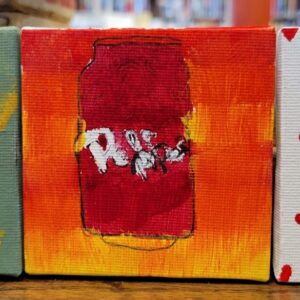 Painting of a red can labeled "Dr Pepper" on an orange and yellow background.