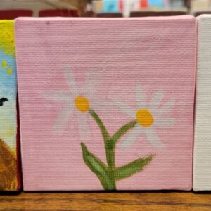 Painting of two white daisies with yellow centers on a pink background.