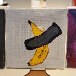 A painting of a banana with a black piece of tape across it on a gray background.