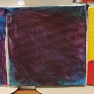 Abstract painting with maroon and purple hues, accented by teal and blue edges.