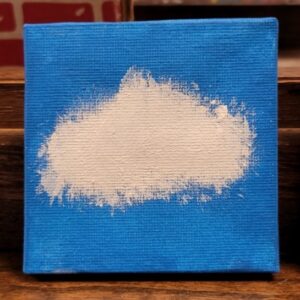 A small painting of a white cloud on a blue background.