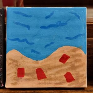 Abstract painting of a blue body of water with tan hills and red shapes.