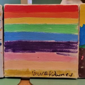 Square canvas with horizontal rainbow stripes.
