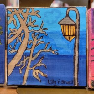 A painting of barren trees and a glowing street lamp against a blue sky background.