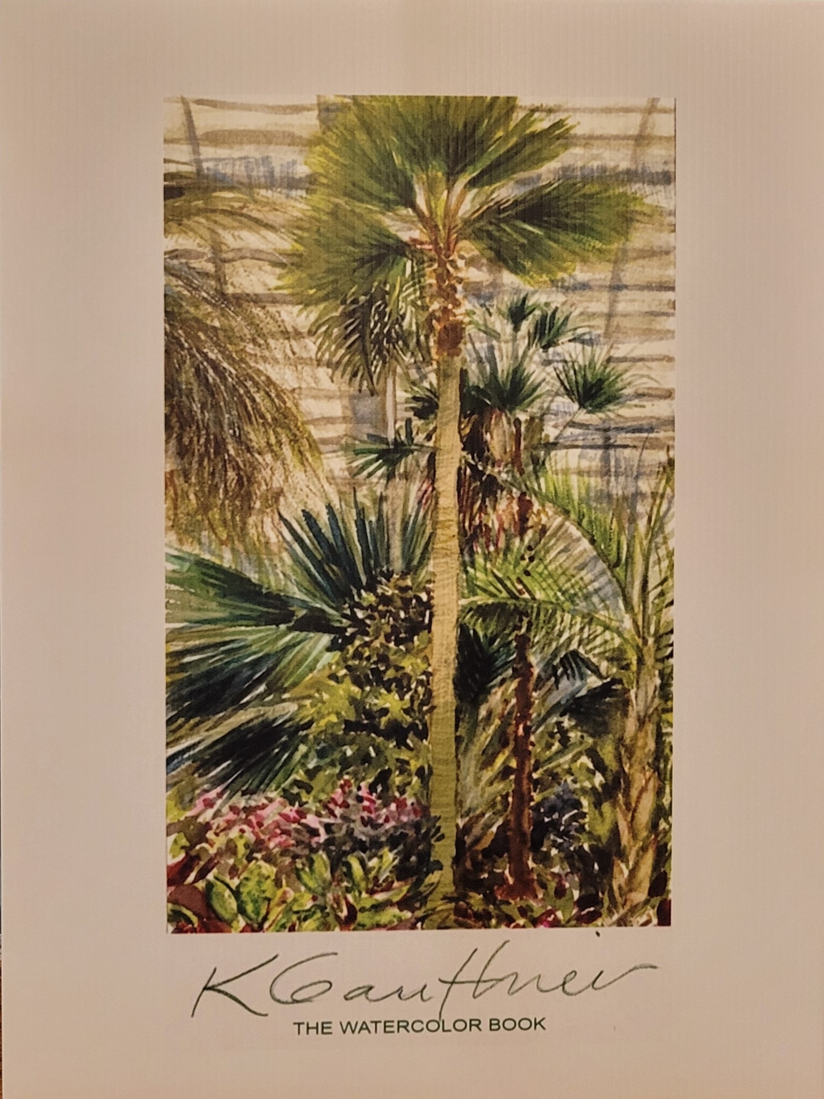 Illustration of a palm tree and lush garden on a white background with handwritten text below.