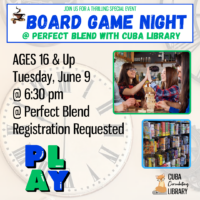 Advertisement for a board game night event by Cuba Library, with event details and images of people playing games and board games on shelves.