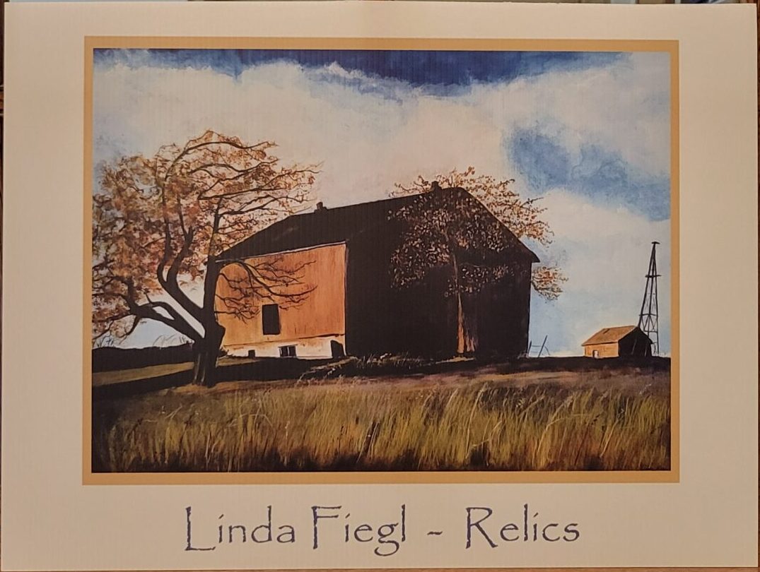 painting of a barn with trees and a metal tower with a blue sky