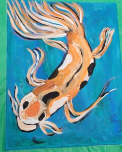 A colorful painting of a koi fish with orange, white, and black markings against a blue background.