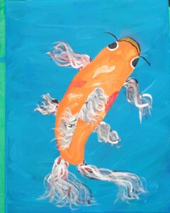 Painting of an orange koi fish with flowing fins on a blue background.