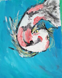 Abstract painting of a koi fish with red, white, and black markings, swimming against a blue background.