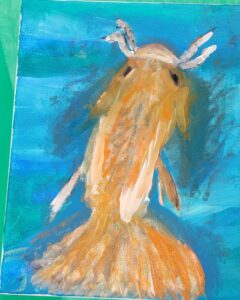 A stylized painting of an orange fish with white fins against a blue background.