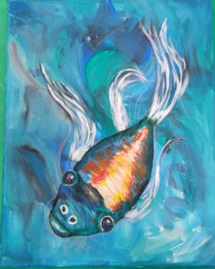 A colorful fish painting with a warm-colored body and flowing white fins against a blue background.
