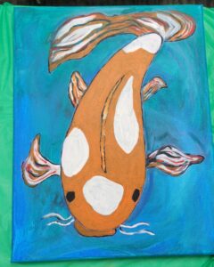 Painting of an orange koi fish with white spots against a blue and green background.