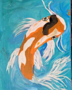 Painting of an orange and white koi fish in blue water.