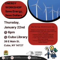 Flyer for an energy workshop at Cuba Library on January 22nd, offering free energy kits and tips.