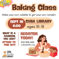 Flyer for a baking class at Cuba Library featuring a cartoon woman preparing batter, with registration details and information about making cobbler.