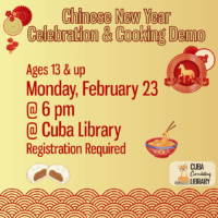 Flyer for a Chinese New Year Celebration and Cooking Demo with decorative Chinese elements and event details.