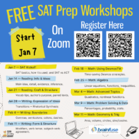 Free SAT Prep Workshops poster featuring a schedule for sessions from January to March on Zoom with registration QR codes.