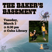 Promotional poster for "The Baker's Basement" band with image of One person, sitting, plays a guitar. The other person, standing, holds a percussion instrument