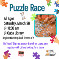 Event poster for a Puzzle Race illustrated hands of various skin tones hold puzzle pieces of different colors