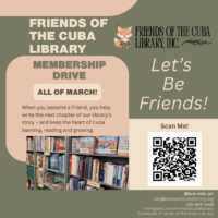Promotional flyer for the Friends of the Cuba Library membership drive with text, a QR code, and an image of bookshelves.