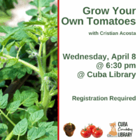 Flyer for a tomato growing event with plant image and event details including date, time, and location.