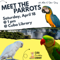 Event poster with three parrots announcing "Meet the Parrots" at Cuba Library on April 18.
