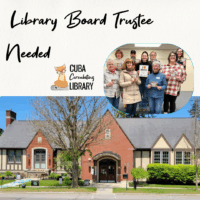 Promotional image for a Library Board Trustee, featuring a group photo and the Cuba Circulating Library building