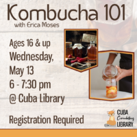 "Kombucha 101 class details and images of kombucha jars with Cuba Library logo