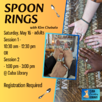 Promotional flyer for a spoon ring event at Cuba Library on May 16, with images of hands wearing spoon rings.