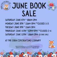 Promotional flyer for "June Book Sale" with dates and times, floral borders, and a fox reading a book