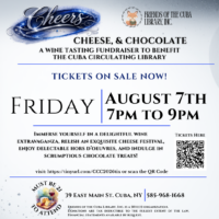 Banner for a wine tasting fundraiser with "Cheers" in blue script, event details, and a QR code.