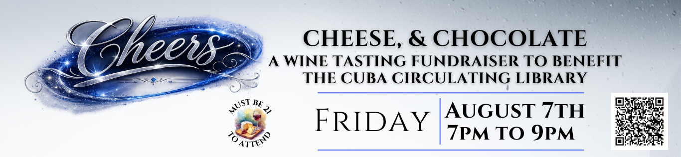Banner for a wine tasting fundraiser with "Cheers" in blue script, event details, and a QR code.