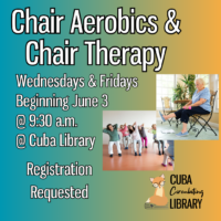 Flyer advertising chair aerobics and therapy sessions at Cuba Library, with images of participants exercising.