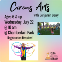 A colorful promotional graphic for a Circus Arts event featuring a performer in a rainbow vest holding hula hoops, with event details for children 6 and up, including date, time, and location.