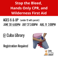 Flyer for first aid workshops at Cuba Library, featuring dates, times, and an illustration of a first aid demonstration