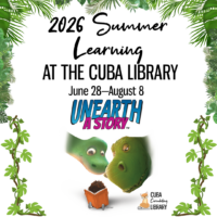 Promotional poster for "2026 Summer Learning at the Cuba Library," featuring two cartoon dinosaurs and a child reading a book, set against a leafy green border.