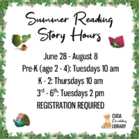 Flyer with "Summer Reading Story Hours" details and illustrations of characters reading books.