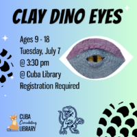 Promotional flyer for "Clay Dino Eyes" event with a dinosaur eye illustration, event details in black text, and a colorful gradient background.
