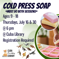 Promotional image for a cold press soap-making workshop for ages 9-18, featuring soap bars, dinosaur figurines, and event details.