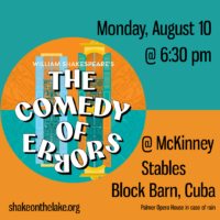 Promotional graphic for "The Comedy of Errors," featuring bold white text on a colorful background, with event details including date, time, and location.